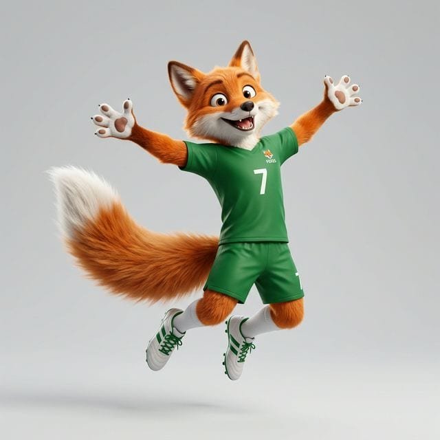 Ardugi, der orange Fuchs im grünen Trikot mit der Nummer 7, jubelt mit einem Fussball